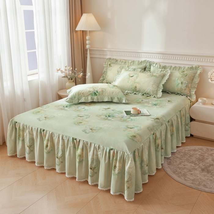 91家纺网 家纺一手货源 找家纺 缦彩 2025新款100%全棉A类数码印花床裙遮丑花边床单床罩四件套 绽蔓