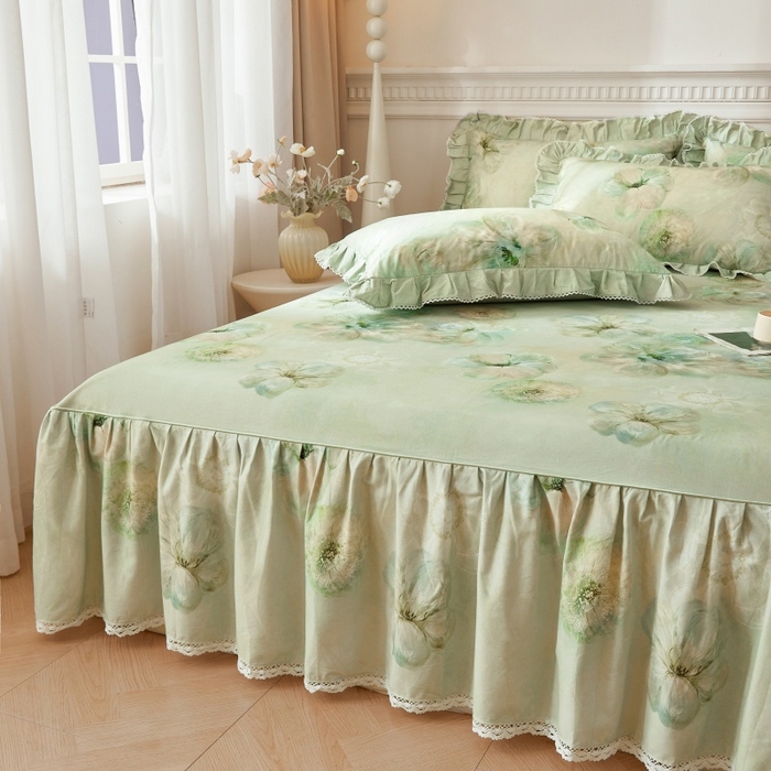 91家纺网 家纺一手货源 找家纺 缦彩 2025新款100%全棉A类数码印花床裙遮丑花边床单床罩四件套 绽蔓