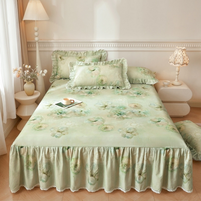 91家纺网 家纺一手货源 找家纺 缦彩 2025新款100%全棉A类数码印花床裙遮丑花边床单床罩四件套 绽蔓