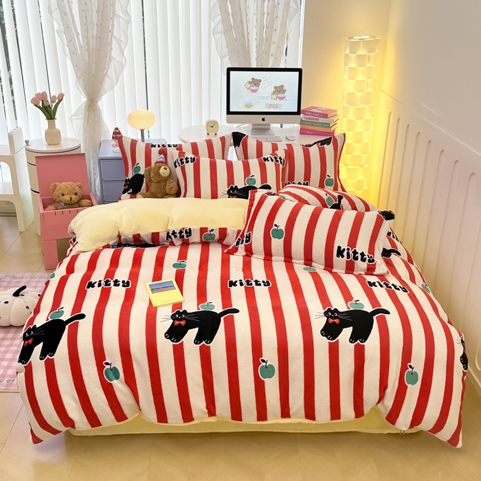 91家纺网 家纺一手货源 找家纺 眠博士 2025新款烂花牛奶绒印花牛奶绒加厚保暖简单款四件套 简单款-猫咪乐园