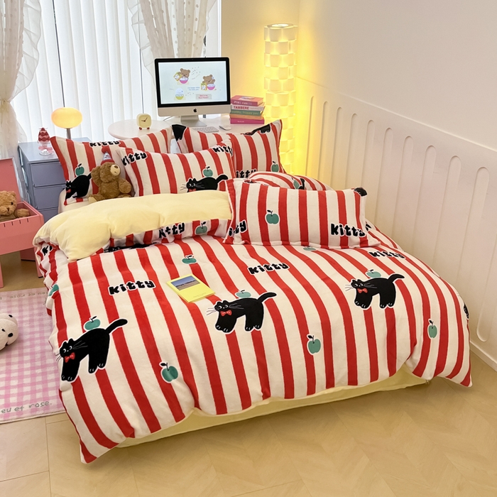 91家纺网 家纺一手货源 找家纺 眠博士 2025新款烂花牛奶绒印花牛奶绒加厚保暖简单款四件套 简单款-猫咪乐园