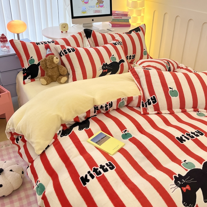 91家纺网 家纺一手货源 找家纺 眠博士 2025新款烂花牛奶绒印花牛奶绒加厚保暖简单款四件套 简单款-猫咪乐园