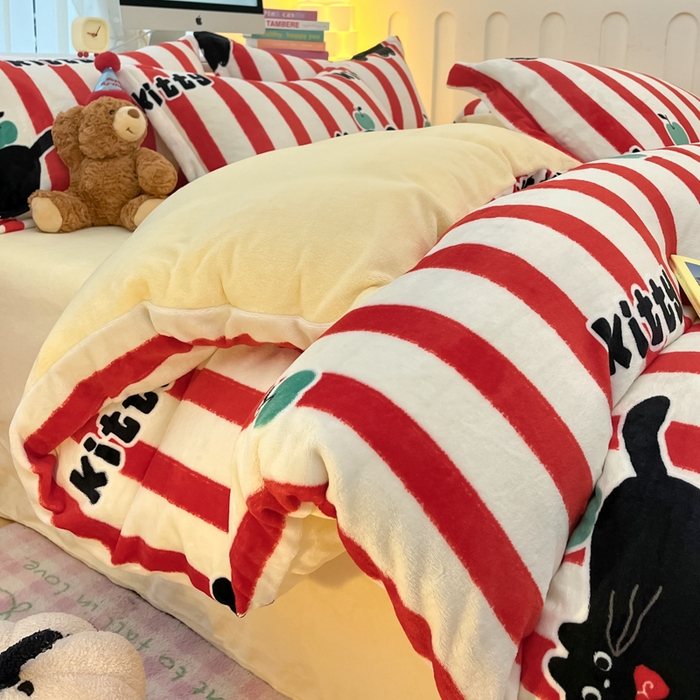 91家纺网 家纺一手货源 找家纺 眠博士 2025新款烂花牛奶绒印花牛奶绒加厚保暖简单款四件套 简单款-猫咪乐园