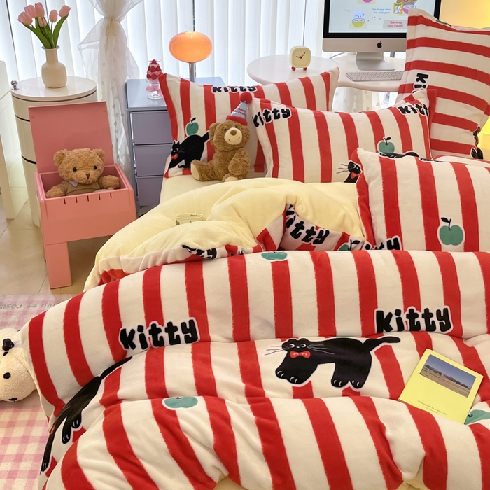 91家纺网 家纺一手货源 找家纺 眠博士 2025新款烂花牛奶绒印花牛奶绒加厚保暖简单款四件套 简单款-猫咪乐园