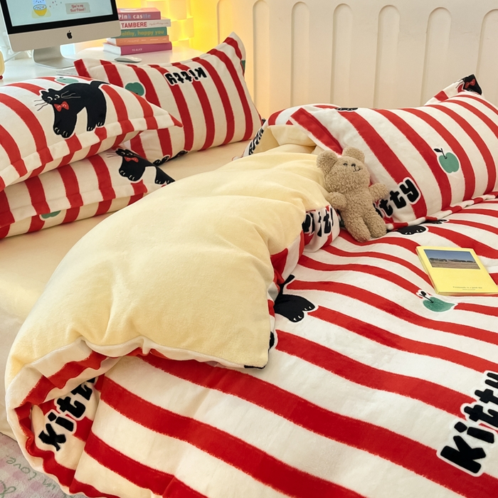 91家纺网 家纺一手货源 找家纺 眠博士 2025新款烂花牛奶绒印花牛奶绒加厚保暖简单款四件套 简单款-猫咪乐园