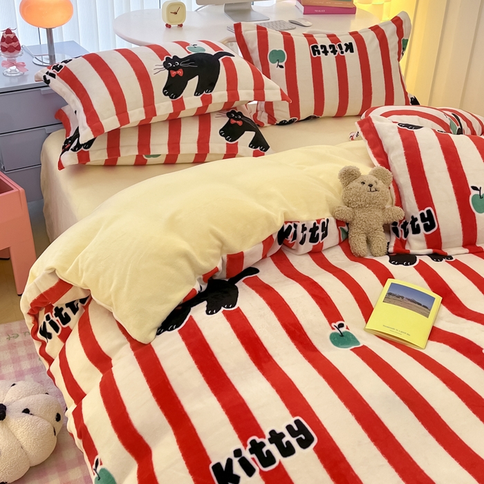 91家纺网 家纺一手货源 找家纺 眠博士 2025新款烂花牛奶绒印花牛奶绒加厚保暖简单款四件套 简单款-猫咪乐园