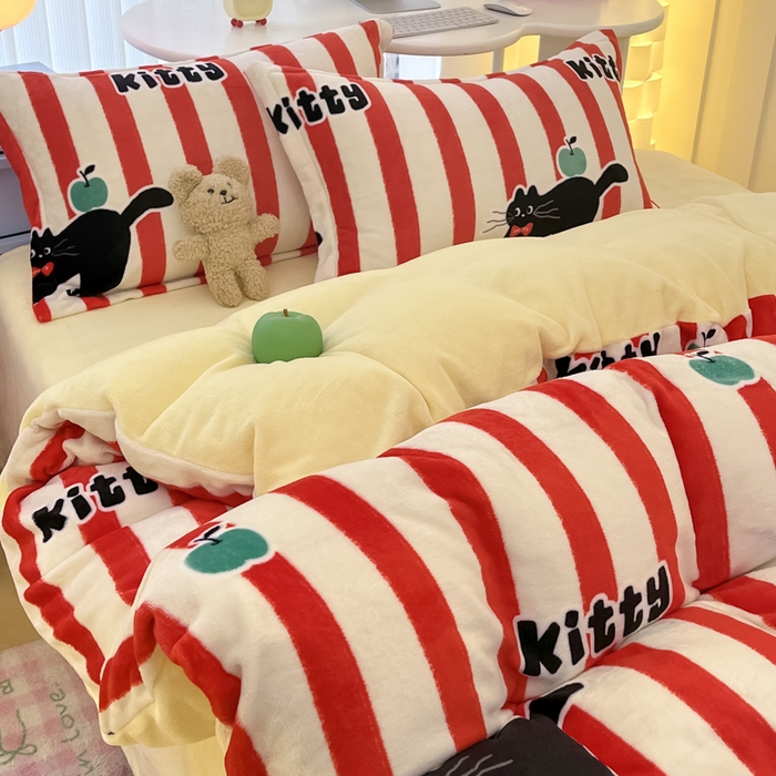 91家纺网 家纺一手货源 找家纺 眠博士 2025新款烂花牛奶绒印花牛奶绒加厚保暖简单款四件套 简单款-猫咪乐园