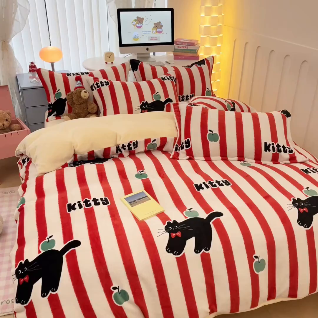 91家纺网 家纺一手货源 找家纺 眠博士 2025新款烂花牛奶绒印花牛奶绒加厚保暖简单款四件套 简单款-猫咪乐园