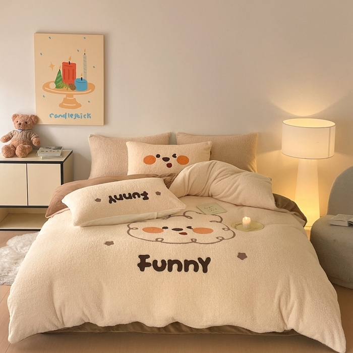 91家纺网 家纺一手货源 找家纺 川悦生活 2025新款泰迪绒毛巾绣卡通四件套 糯小熊