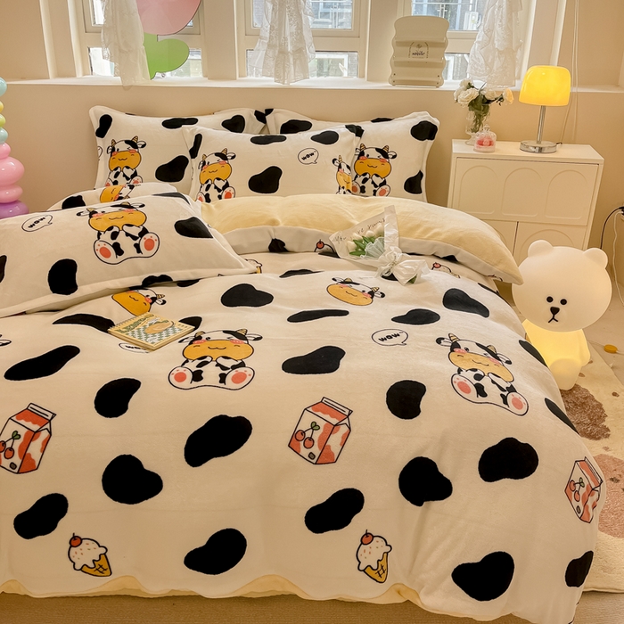 91家纺网 家纺一手货源 找家纺 眠博士 2025新款烂花牛奶绒印花牛奶绒加厚保暖简单款四件套 简单款-奶牛宝贝