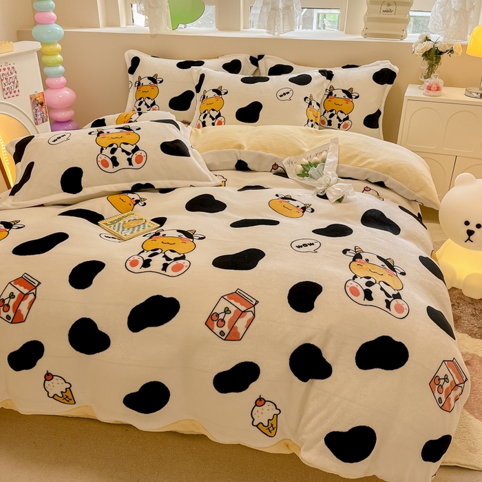 91家纺网 家纺一手货源 找家纺 眠博士 2025新款烂花牛奶绒印花牛奶绒加厚保暖简单款四件套 简单款-奶牛宝贝