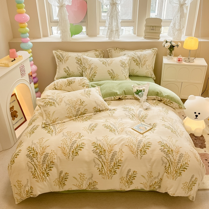 91家纺网 家纺一手货源 找家纺 眠博士 2025新款烂花牛奶绒印花牛奶绒加厚保暖简单款四件套 简单款-青叶飘逸-绿