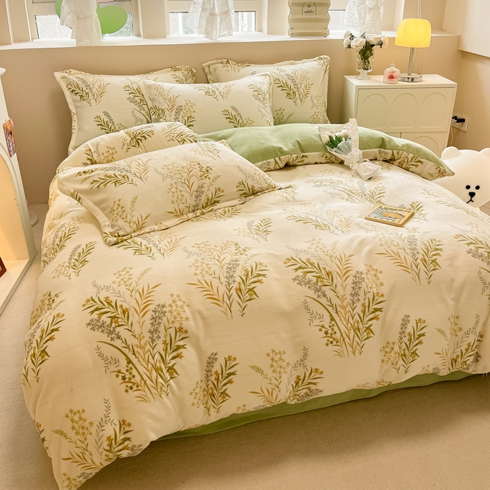 91家纺网 家纺一手货源 找家纺 眠博士 2025新款烂花牛奶绒印花牛奶绒加厚保暖简单款四件套 简单款-青叶飘逸-绿