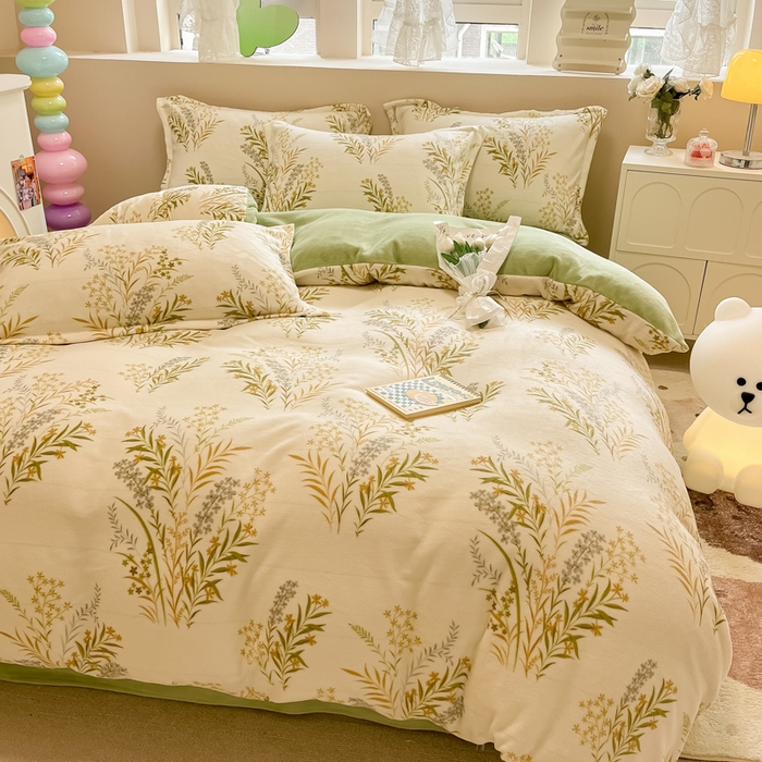 91家纺网 家纺一手货源 找家纺 眠博士 2025新款烂花牛奶绒印花牛奶绒加厚保暖简单款四件套 简单款-青叶飘逸-绿