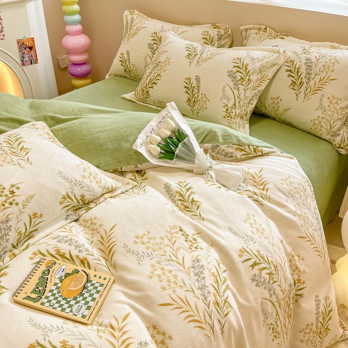 91家纺网 家纺一手货源 找家纺 眠博士 2025新款烂花牛奶绒印花牛奶绒加厚保暖简单款四件套 简单款-青叶飘逸-绿