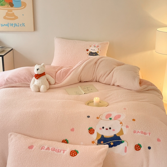 91家纺网 家纺一手货源 找家纺 川悦生活 2025新款泰迪绒毛巾绣卡通四件套 甜蜜兔妮