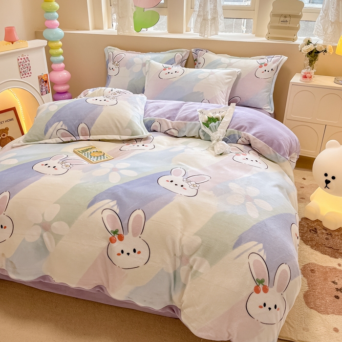 91家纺网 家纺一手货源 找家纺 眠博士 2025新款烂花牛奶绒印花牛奶绒加厚保暖简单款四件套 简单款-晴天兔