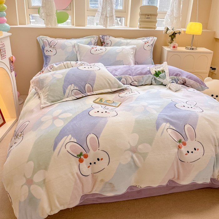 91家纺网 家纺一手货源 找家纺 眠博士 2025新款烂花牛奶绒印花牛奶绒加厚保暖简单款四件套 简单款-晴天兔