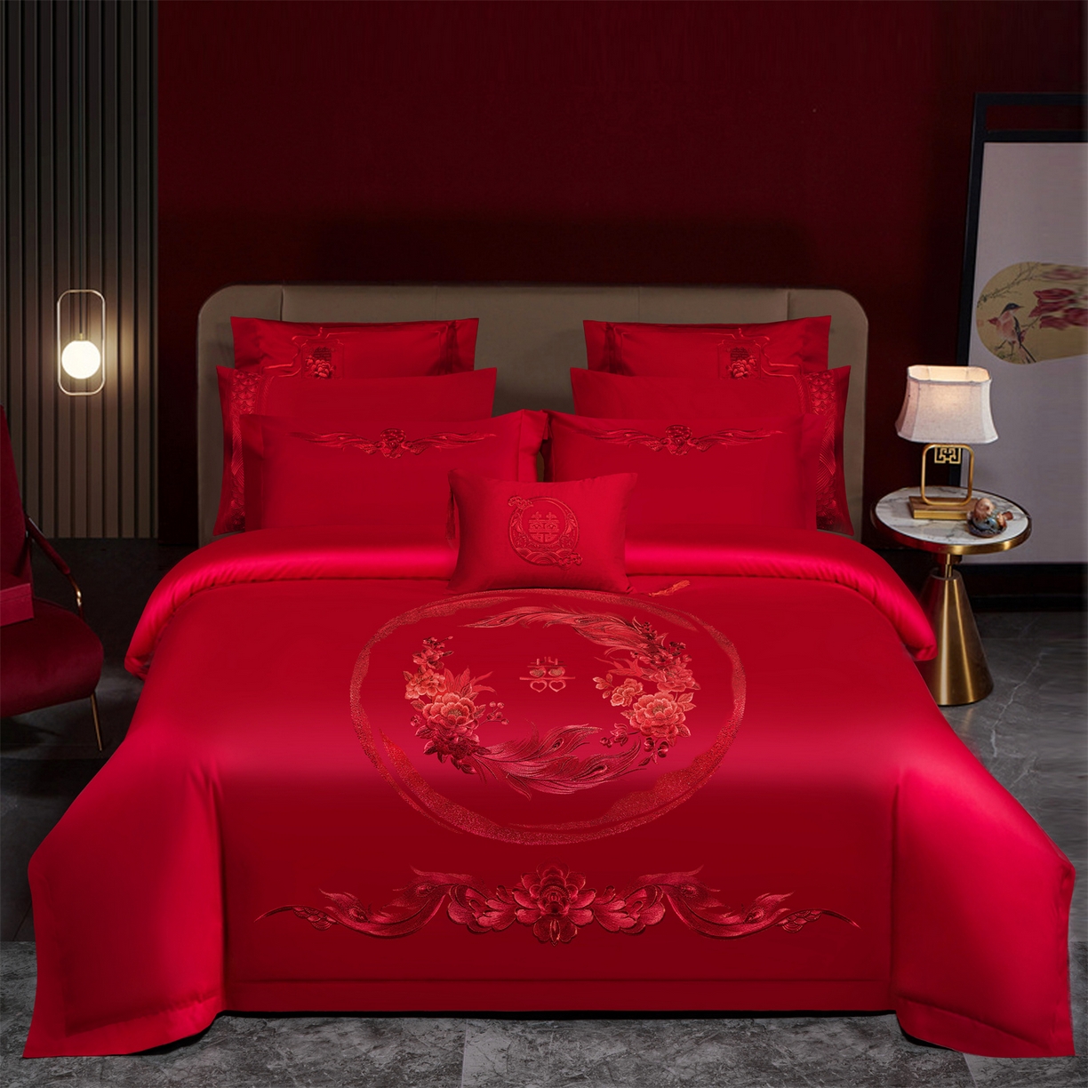 91家纺网 家纺一手货源 找家纺 （总）美娘阁 2025新款长绒棉全棉贡缎提花款新中式古典韵味精美刺绣婚庆四件套-系列二