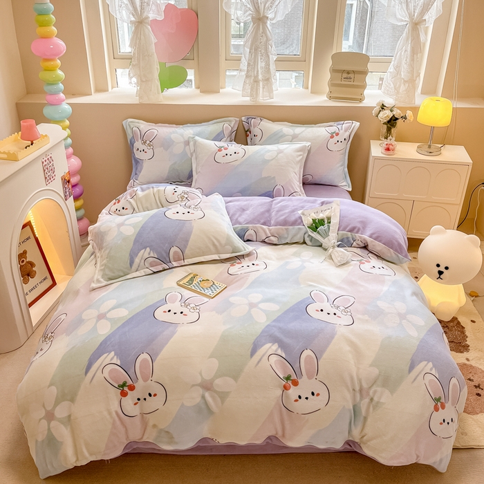 91家纺网 家纺一手货源 找家纺 眠博士 2025新款烂花牛奶绒印花牛奶绒加厚保暖简单款四件套 简单款-晴天兔