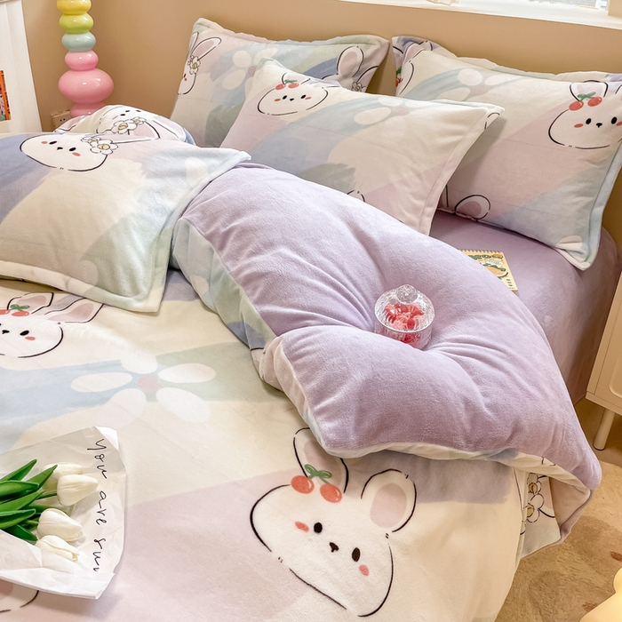 91家纺网 家纺一手货源 找家纺 眠博士 2025新款烂花牛奶绒印花牛奶绒加厚保暖简单款四件套 简单款-晴天兔