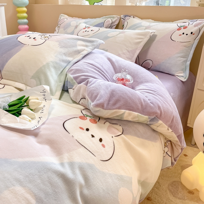 91家纺网 家纺一手货源 找家纺 眠博士 2025新款烂花牛奶绒印花牛奶绒加厚保暖简单款四件套 简单款-晴天兔