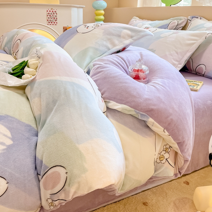 91家纺网 家纺一手货源 找家纺 眠博士 2025新款烂花牛奶绒印花牛奶绒加厚保暖简单款四件套 简单款-晴天兔