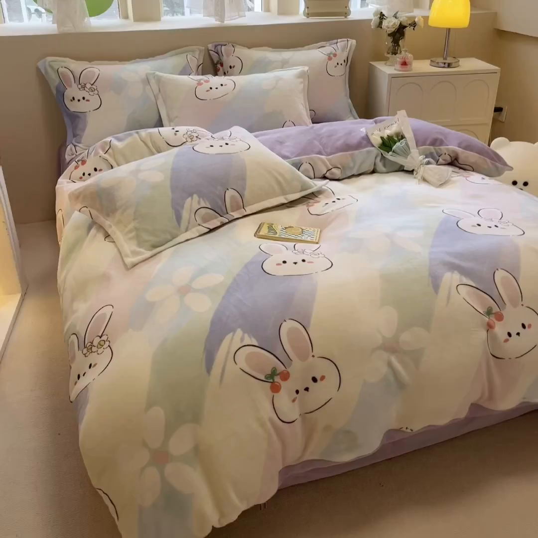 91家纺网 家纺一手货源 找家纺 眠博士 2025新款烂花牛奶绒印花牛奶绒加厚保暖简单款四件套 简单款-晴天兔