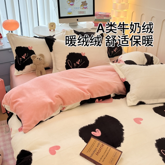 91家纺网 家纺一手货源 找家纺 眠博士 2025新款烂花牛奶绒印花牛奶绒加厚保暖简单款四件套 简单款-少女梦