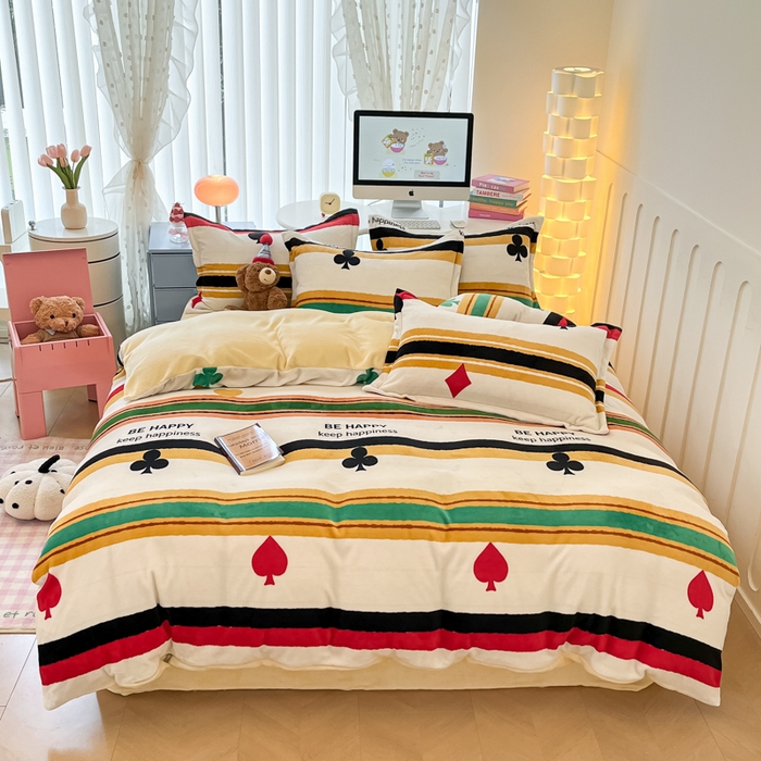 91家纺网 家纺一手货源 找家纺 眠博士 2025新款烂花牛奶绒印花牛奶绒加厚保暖简单款四件套 简单款-时尚条纹