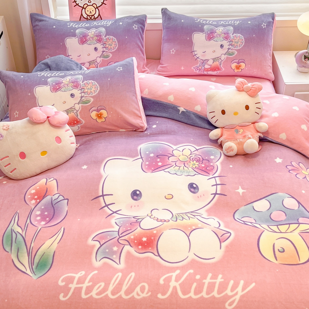 91家纺网 家纺一手货源 找家纺 暮思家居 2025新款正版授权三丽鸥大阪数码印花高克重加厚保暖牛奶绒四件套 绒大阪-梦幻KT