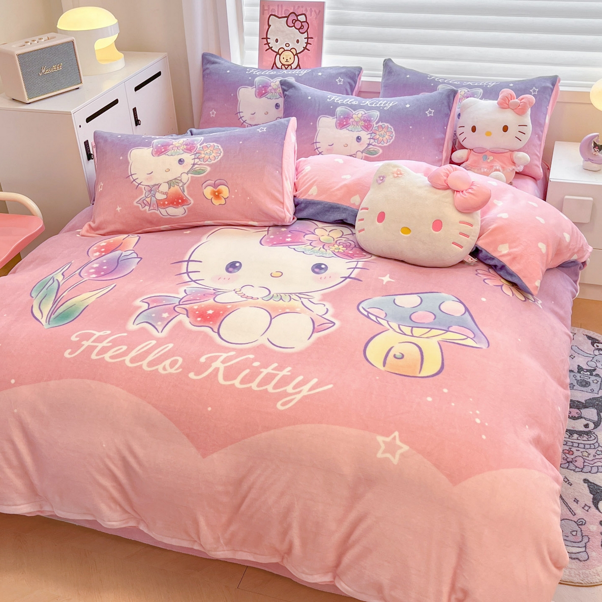 91家纺网 家纺一手货源 找家纺 暮思家居 2025新款正版授权三丽鸥大阪数码印花高克重加厚保暖牛奶绒四件套 绒大阪-梦幻KT