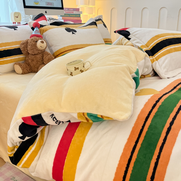 91家纺网 家纺一手货源 找家纺 眠博士 2025新款烂花牛奶绒印花牛奶绒加厚保暖简单款四件套 简单款-时尚条纹