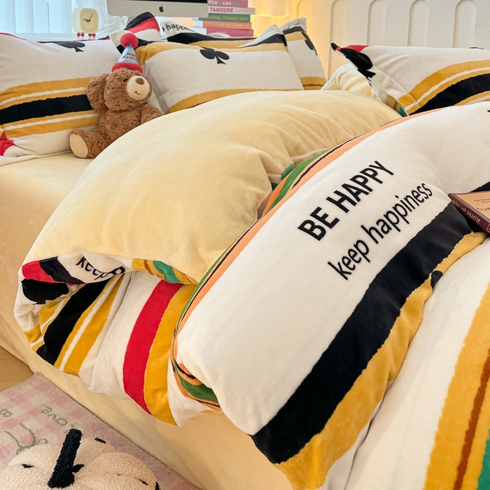 91家纺网 家纺一手货源 找家纺 眠博士 2025新款烂花牛奶绒印花牛奶绒加厚保暖简单款四件套 简单款-时尚条纹