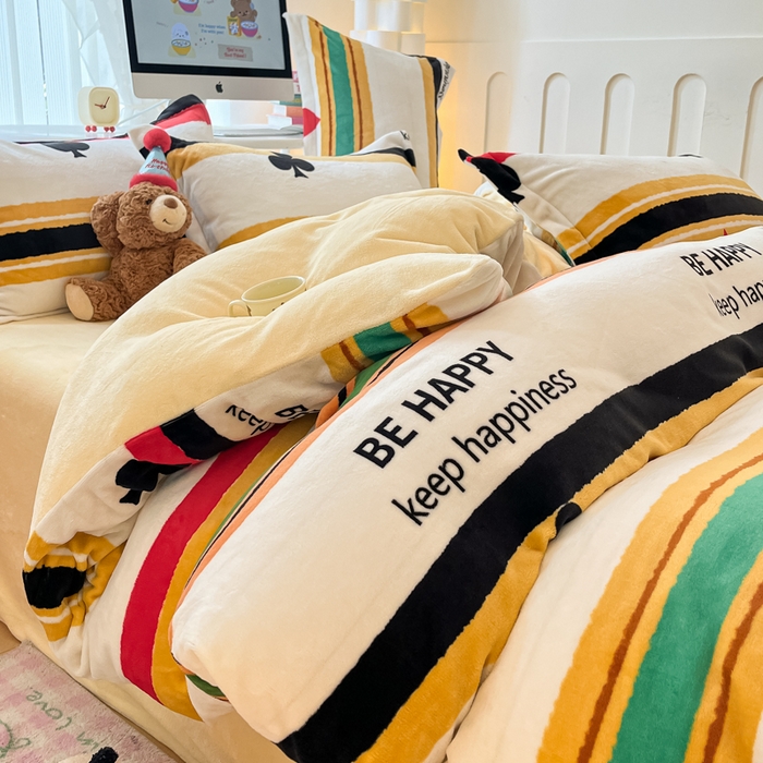 91家纺网 家纺一手货源 找家纺 眠博士 2025新款烂花牛奶绒印花牛奶绒加厚保暖简单款四件套 简单款-时尚条纹