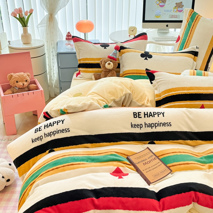 91家纺网 家纺一手货源 找家纺 眠博士 2025新款烂花牛奶绒印花牛奶绒加厚保暖简单款四件套 简单款-时尚条纹