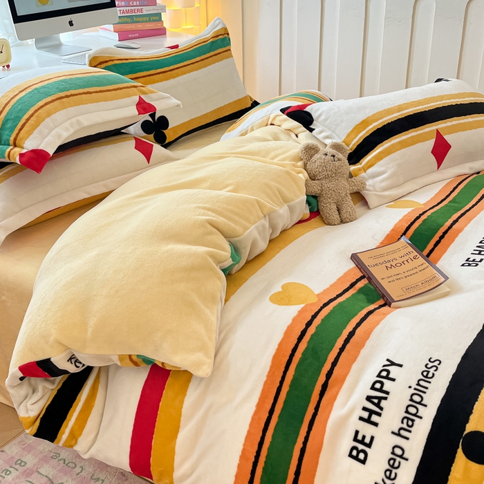 91家纺网 家纺一手货源 找家纺 眠博士 2025新款烂花牛奶绒印花牛奶绒加厚保暖简单款四件套 简单款-时尚条纹