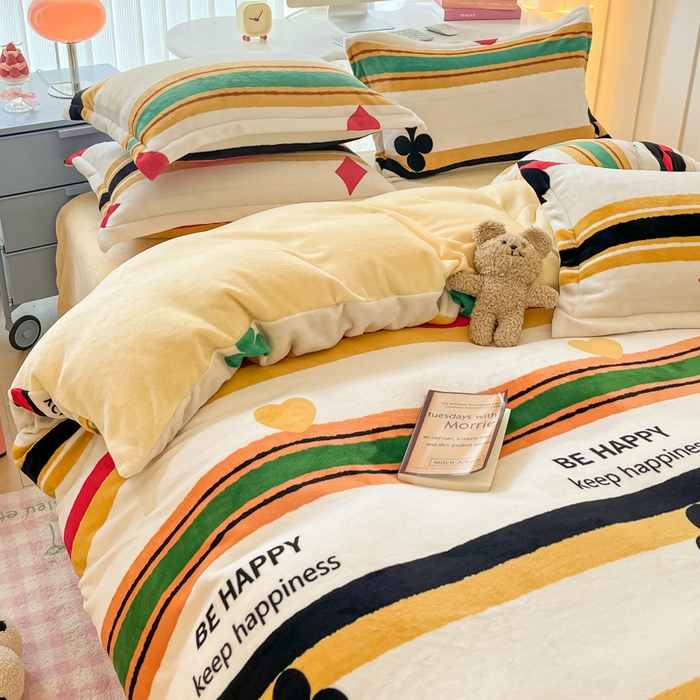 91家纺网 家纺一手货源 找家纺 眠博士 2025新款烂花牛奶绒印花牛奶绒加厚保暖简单款四件套 简单款-时尚条纹