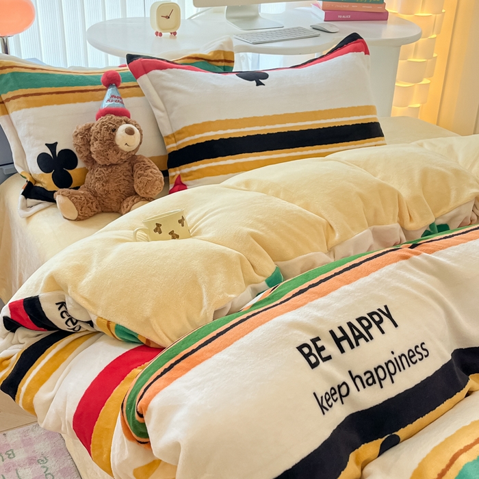 91家纺网 家纺一手货源 找家纺 眠博士 2025新款烂花牛奶绒印花牛奶绒加厚保暖简单款四件套 简单款-时尚条纹