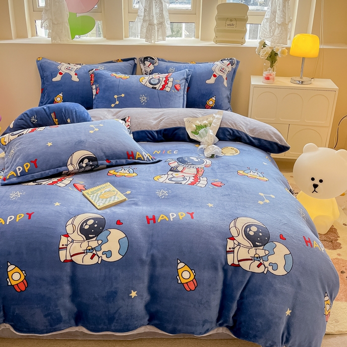 91家纺网 家纺一手货源 找家纺 眠博士 2025新款烂花牛奶绒印花牛奶绒加厚保暖简单款四件套 简单款-太空小子