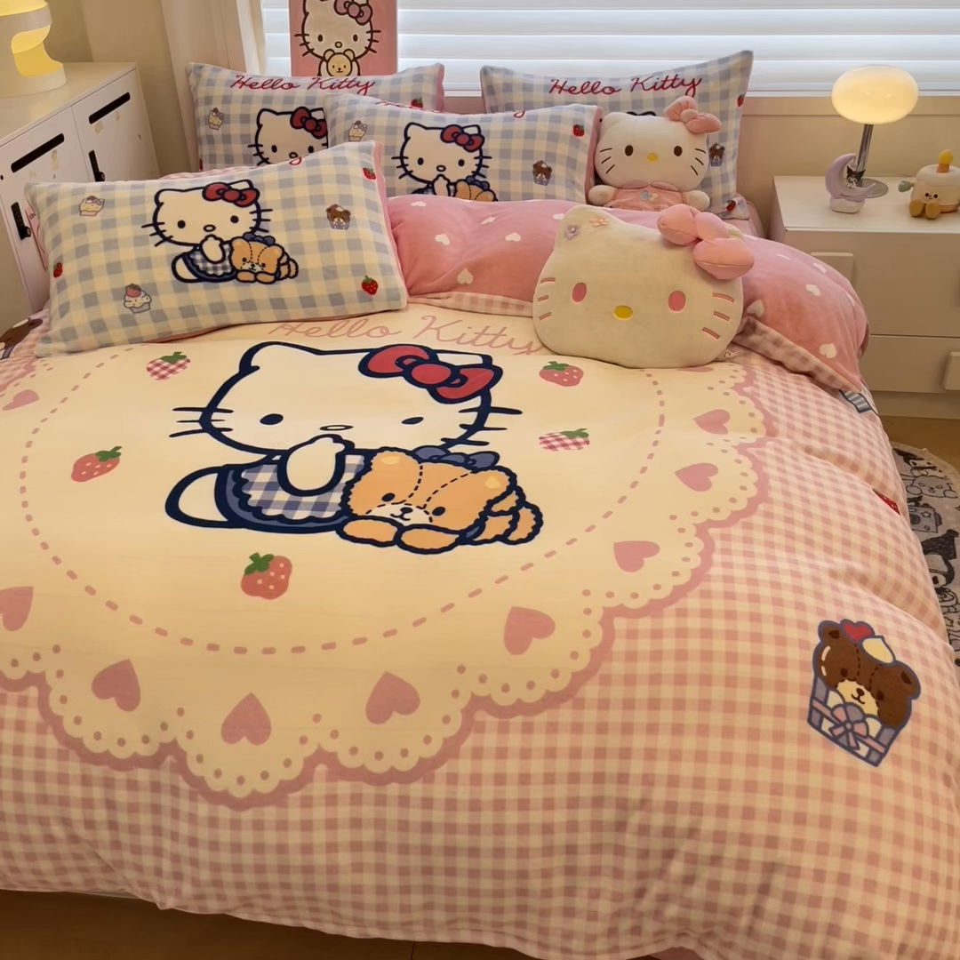 91家纺网 家纺一手货源 找家纺 暮思家居 2025新款正版授权三丽鸥大阪数码印花高克重加厚保暖牛奶绒四件套 绒大阪-奶油KT