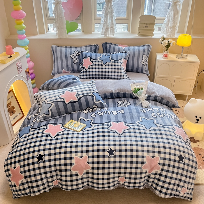 91家纺网 家纺一手货源 找家纺 眠博士 2025新款烂花牛奶绒印花牛奶绒加厚保暖简单款四件套 简单款-星语心愿