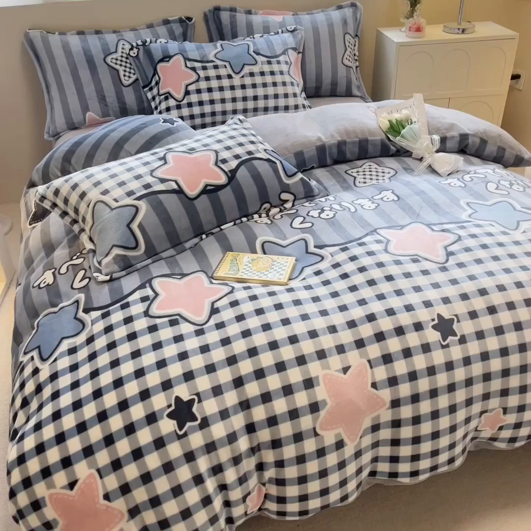 91家纺网 家纺一手货源 找家纺 眠博士 2025新款烂花牛奶绒印花牛奶绒加厚保暖简单款四件套 简单款-星语心愿