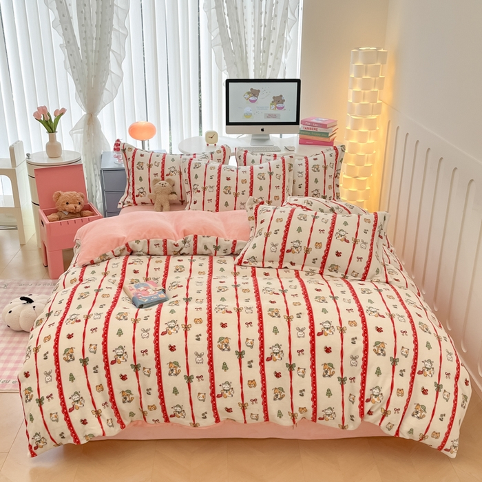 91家纺网 家纺一手货源 找家纺 眠博士 2025新款烂花牛奶绒印花牛奶绒加厚保暖简单款四件套 简单款-幸福小猫