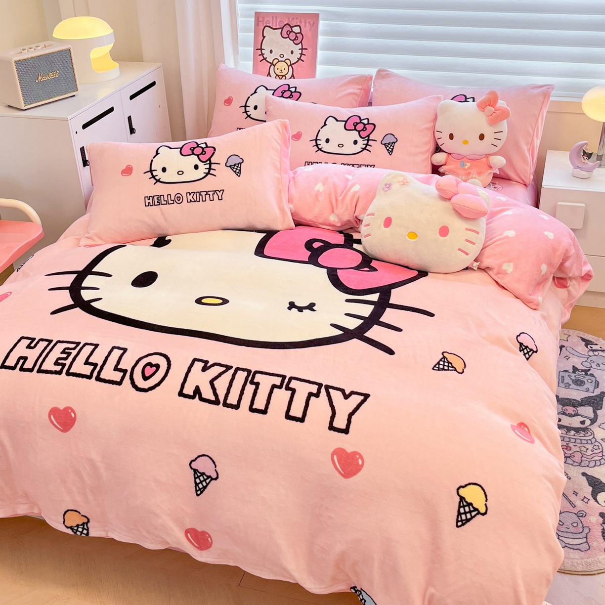 91家纺网 家纺一手货源 找家纺 暮思家居 2025新款正版授权三丽鸥大阪数码印花高克重加厚保暖牛奶绒四件套 绒大阪-甜筒KT