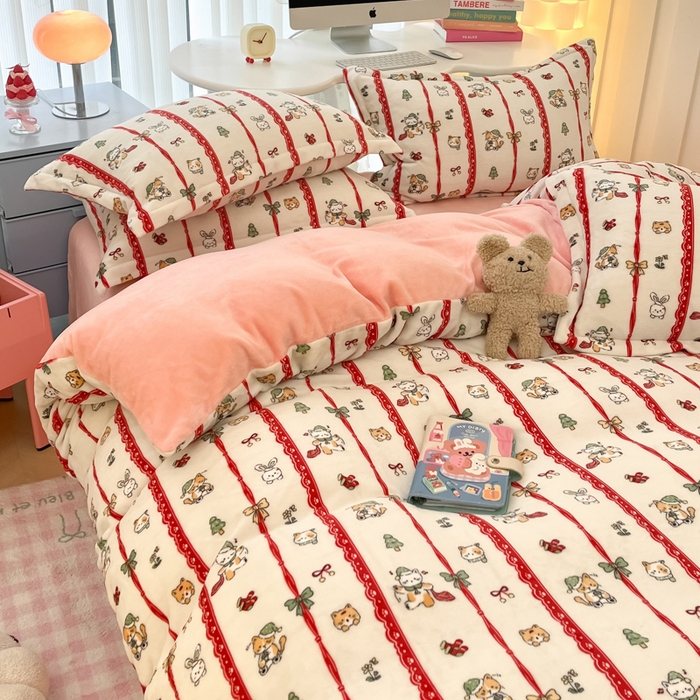 91家纺网 家纺一手货源 找家纺 眠博士 2025新款烂花牛奶绒印花牛奶绒加厚保暖简单款四件套 简单款-幸福小猫