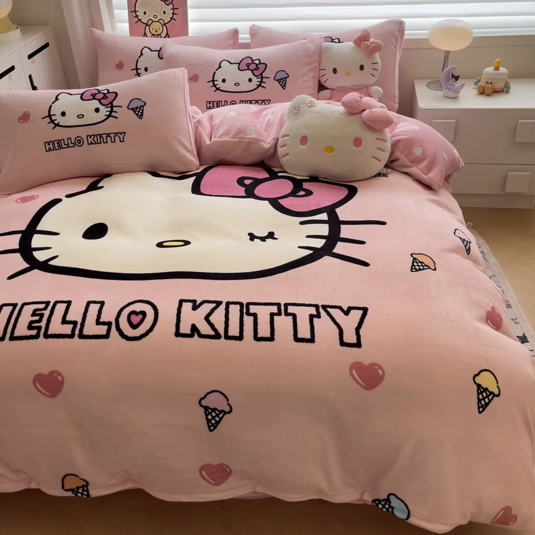 91家纺网 家纺一手货源 找家纺 暮思家居 2025新款正版授权三丽鸥大阪数码印花高克重加厚保暖牛奶绒四件套 绒大阪-甜筒KT