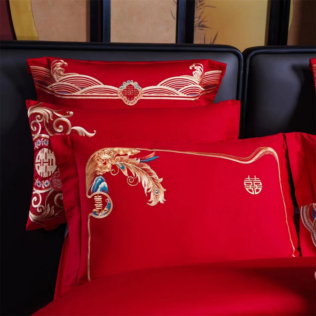 91家纺网 家纺一手货源 找家纺 （总）美娘阁 2025新款长绒棉全棉贡缎提花款新中式古典韵味精美刺绣婚庆四件套系列