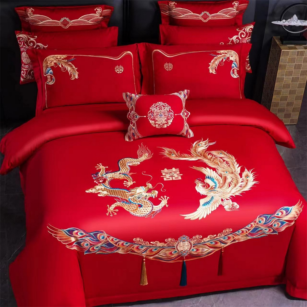 91家纺网 家纺一手货源 找家纺 （总）美娘阁 2025新款长绒棉全棉贡缎提花款新中式古典韵味精美刺绣婚庆四件套系列