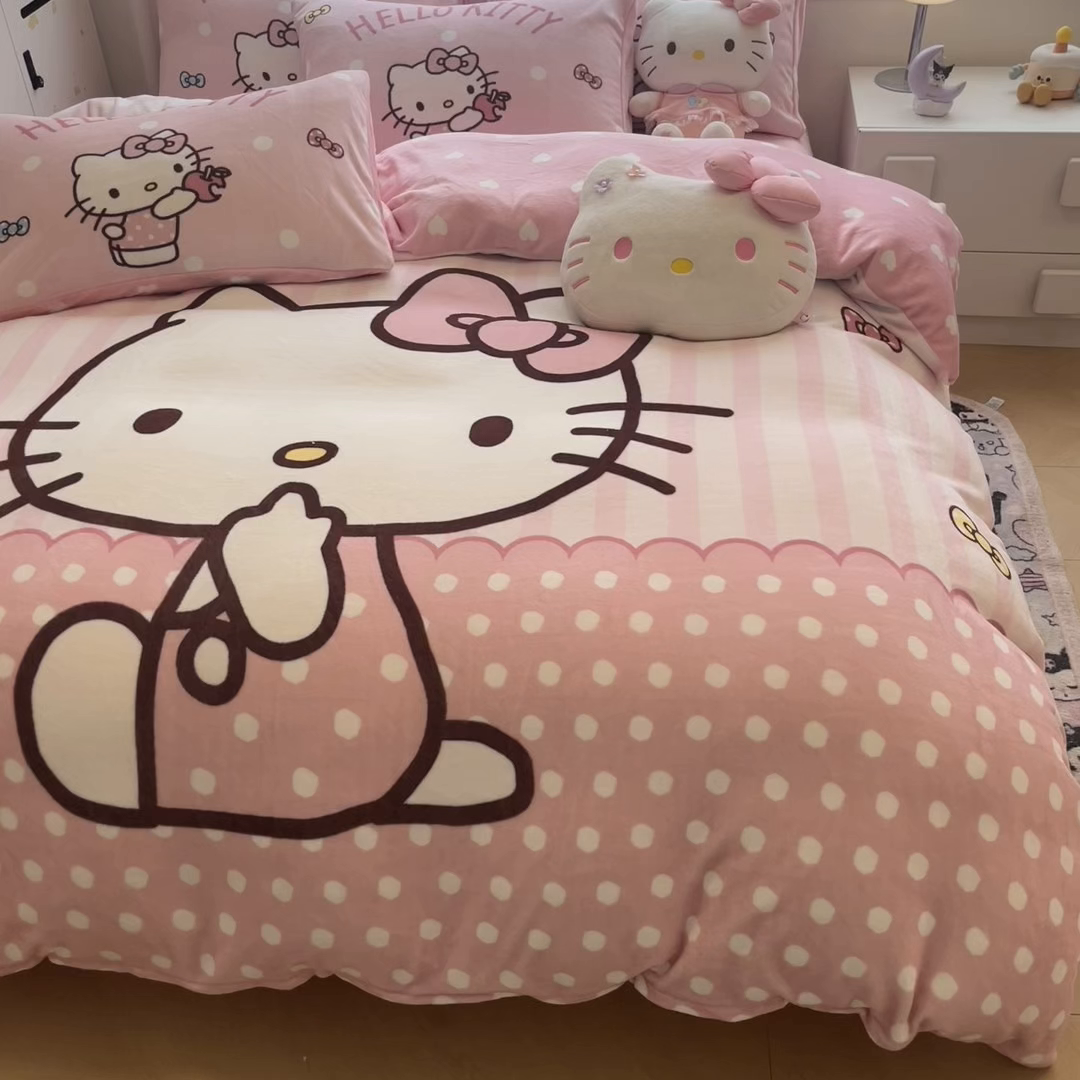 91家纺网 家纺一手货源 找家纺 暮思家居 2025新款正版授权三丽鸥大阪数码印花高克重加厚保暖牛奶绒四件套 绒大阪-条纹KT